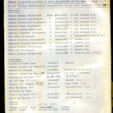 BLACKBEARD Samuel, died 1935 and Maria Margrietha DE VILLIERS, died 1925, married 1892 Bechuanaland Protectorate