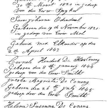 DE CONENG Pieter Cornels, geboren 1820 en Sara Johanna ODENDAAL, geboren 1821, gehuid 1843 DE CONENG Pieter Cornels, geboren 1820 en Sara Johanna ODENDAAL, geboren 1821, gehuid 1843