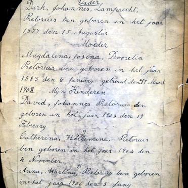 PRETORIUS Dirk Johannes Lamprecht, gebore 1877 en Magdalena Josina Dooretia PRETORIUS, gebore 1883, getroud 1902 PRETORIUS Dirk Johannes Lamprecht, gebore 1877 en Magdalena Josina Dooretia PRETORIUS, gebore 1883, getroud 1902