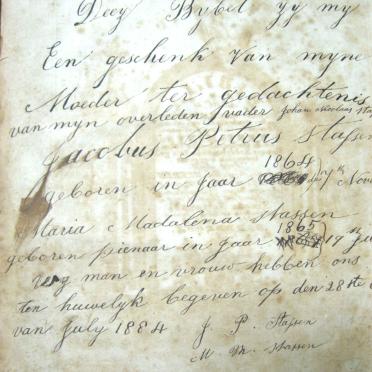 STASSEN Jacobus Petrus, gebore 1864 en Maria Madalena PIENAAR, gebore 1865, getroud 1884 STASSEN Jacobus Petrus, gebore 1864 en Maria Madalena PIENAAR, gebore 1865, getroud 1884