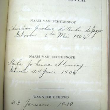 DE JAGER Christian Jacobus de Nicker, gebore 1904 en Heila Johanna HENNING, gebore 1906, getroud 1929 DE JAGER Christian Jacobus de Nicker, gebore 1904 en Heila Johanna HENNING, gebore 1906, getroud 1929