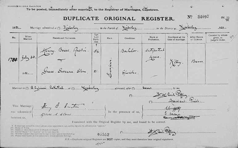Marriage of Henry Boase AUSTIN to Grace Susanna STONE, 1921