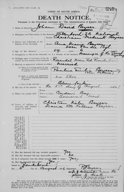 Death notice of Johan David BEYERS in 1936