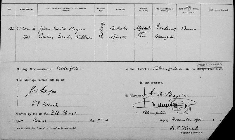 Marriage of Johan David BEYERS to Paulina Emelia KELLNER in 1903